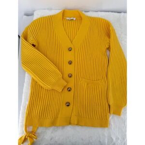 By Egreis Ribbed Cardigan Women Small Yellow Side Tie Button Front Heavy Sweater